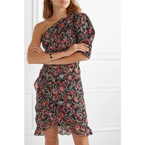 Isabel Marant Etoile Esther Dress Size XS One Shoulder‎ Printed Mini Ruffle Hem - Picture 2 of 16